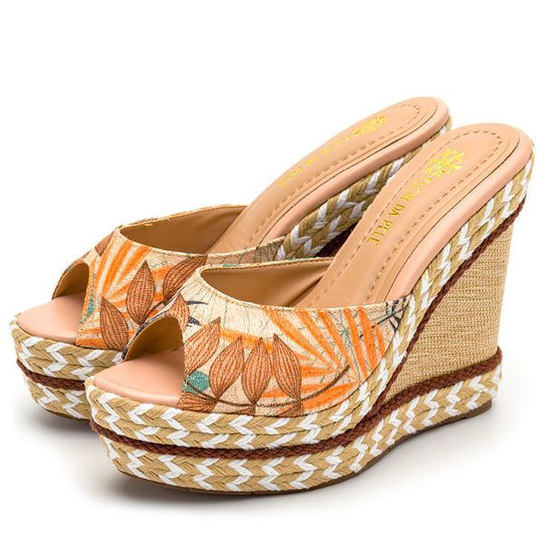 Tamanco Feminino Anabela Com Sisal 4051 Tecido Floral Caramelo