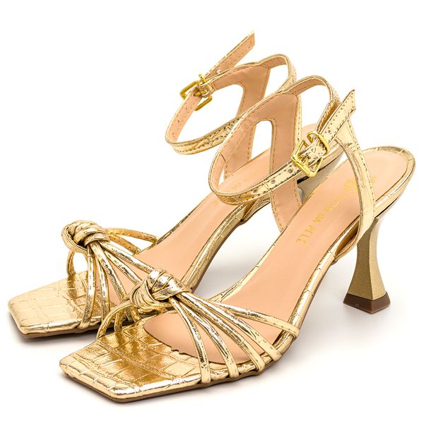 Sandália Feminina Salto Taça 182109 Craquelê Dourado