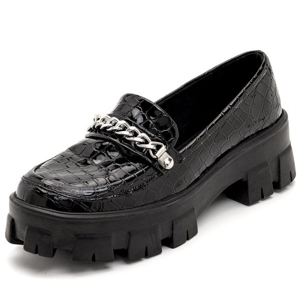 Sapato Feminino Oxford Tratorado 190253 Croco Verniz Preto