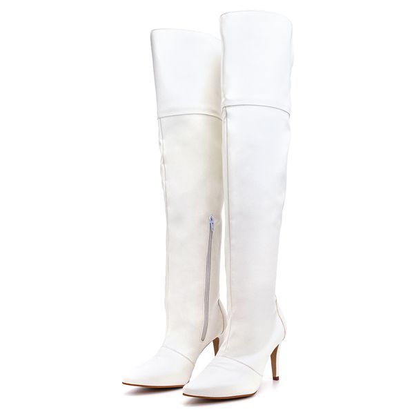 Bota Over Feminina Acima Do Joelho Cano Alto Salto Fino 1716 Napa Branca Numeração Especial