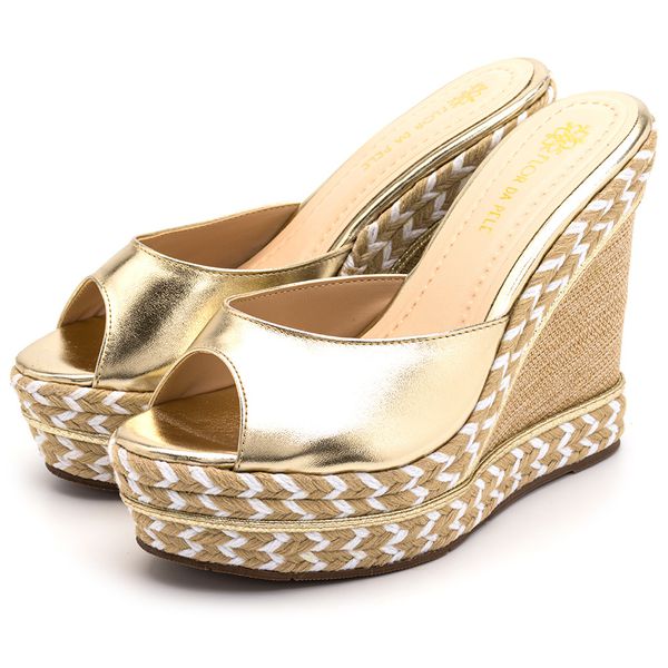 Tamanco Feminino Anabela Com Sisal 4051 Napa Dourada