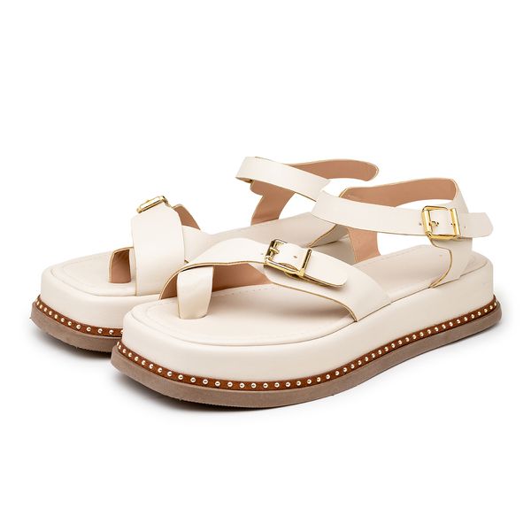 Sandália Feminina Papete Flatform Tiras Fivela 23411 Off White