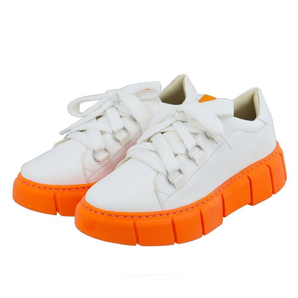 Tênis Feminino Casual De Amarrar 101 Napa Branco Com Sola Laranja