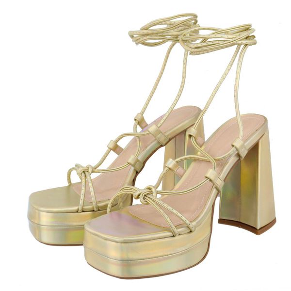 Sandália Feminina Meia Pata Com Amarração 193011 Napa Dourado Holografico