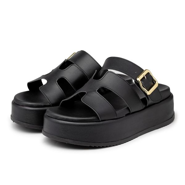 Sandália Feminina Papete Flatform Tira Com Fivela 5301 Preta
