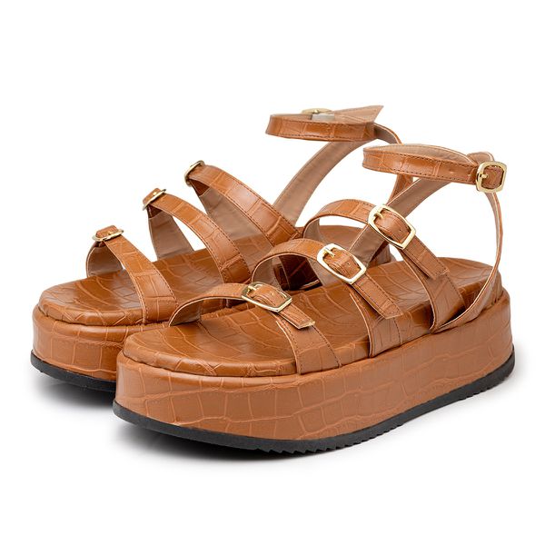 Sandália Feminina Papete Flatform Tira Com Fivela 5302 Croco Whisky