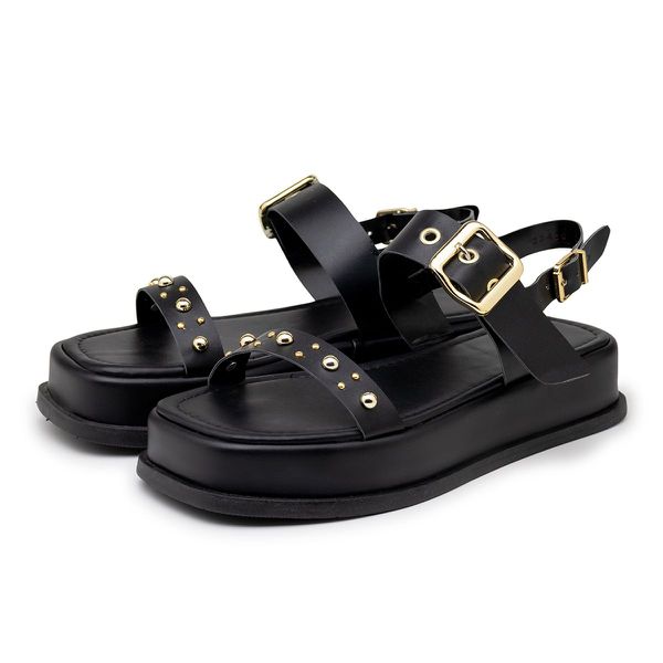 Sandália Feminina Flatform Papete Tiras Fivela Preta 23420