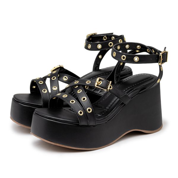 Sandália Anabela Napa Preto 9100