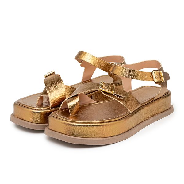 Sandália Feminina Papete Flatform Tiras Fivela Bronze