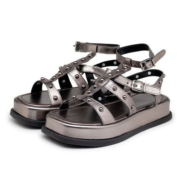Papete Feminina Flat Plataforma Em Napa Prata Velho 183070