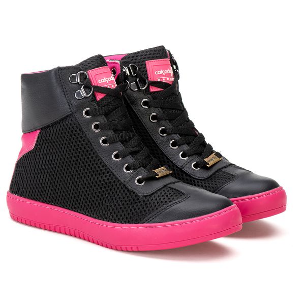 Tênis Sneaker Couro Sintético Preto/Rosa - REF: 60120 Drylex