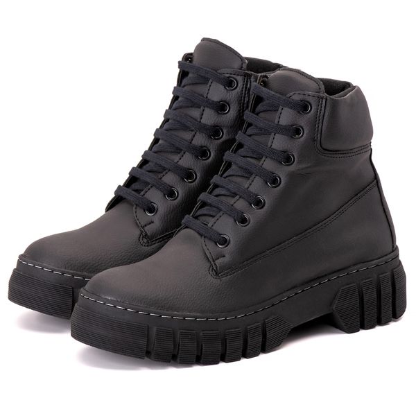 Bota Coturno Tratorado Feminino Couro Sintético Preto - REF: 17