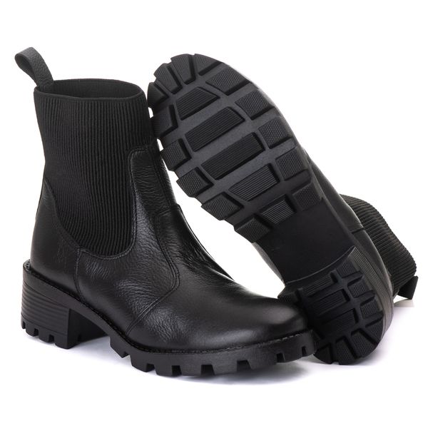 Coturno Elásticos Cano Médio Feminino Couro Legitimo Preto - REF: 3003