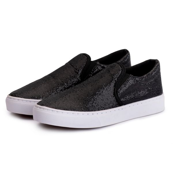Tênis Casual Slip-On Feminino Preto/Brilho - Ref: 8401 Copia