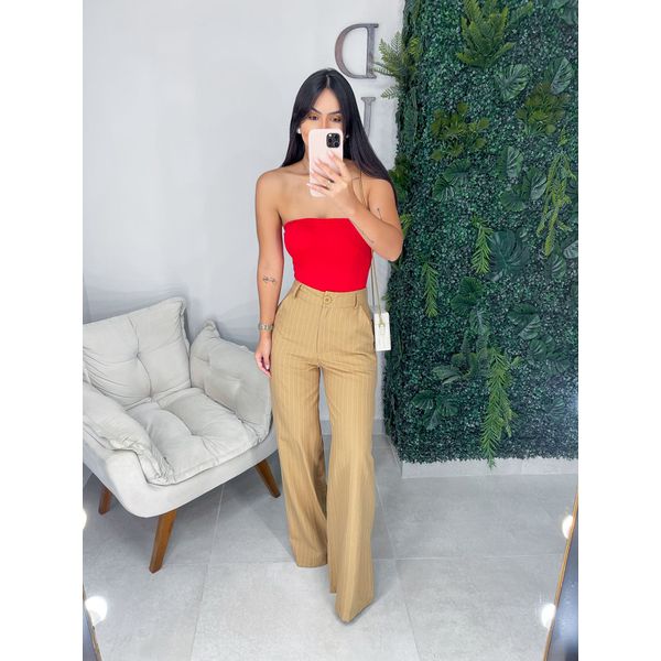 Calça alfaiataria risca de giz bege