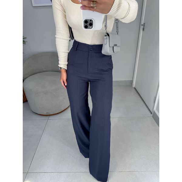 Calça Malu risca de giz azul marinho
