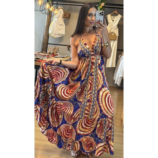 VESTIDO INDIANO COSTA ABERTA- VERMELHO E AZUL