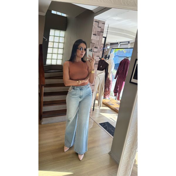 CALÇA WIDE LEG COM CINTO- JEANS CLARO