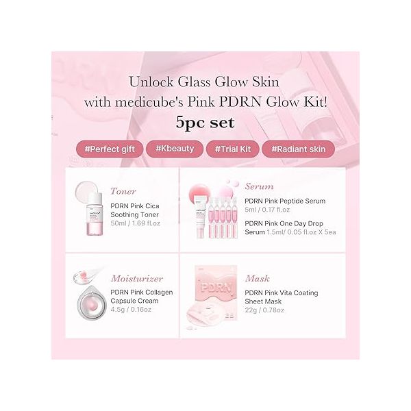  Kit medicube Salmon DNA PDRN Trial Kit,Glass Glow Mini Skincare Set with Toner, Serum & Sheet Mask for Hydrating, Firming, Moisturizing,Gift & Travel Essentials for Women & Girls