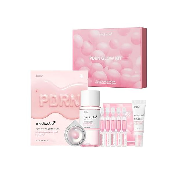 Kit medicube Salmon DNA PDRN Trial Kit,Glass Glow Mini Skincare Set with Toner, Serum & Sheet Mask for Hydrating, Firming, Moisturizing,Gift & Travel Essentials for Women & Girls