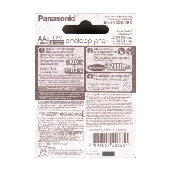 Pilha AA Recarregável Panasonic Eneloop Pro - 2.550Mah (c/2un.)