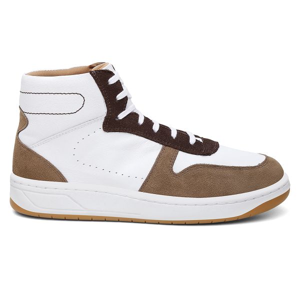 Tênis cano alto masculino em couro legítimo branco com detalhes