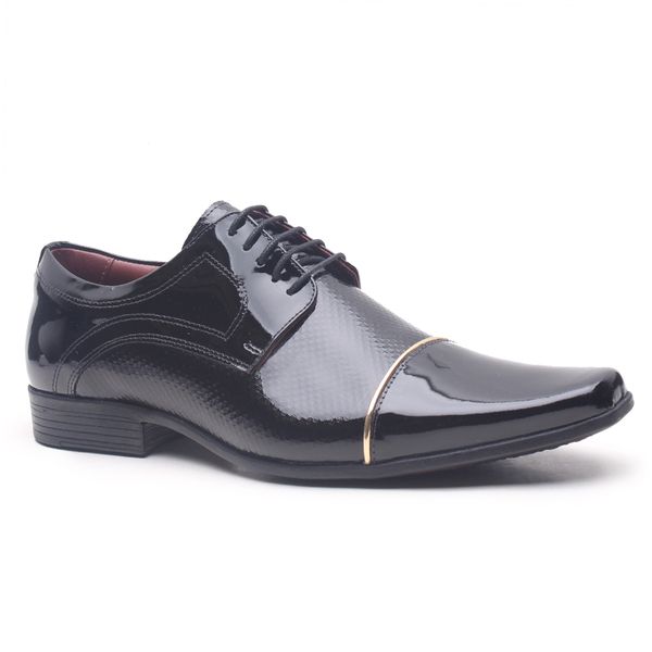 Sapato Social Gofer em Couro Verniz Detroid Preto com detalhe Ouro
