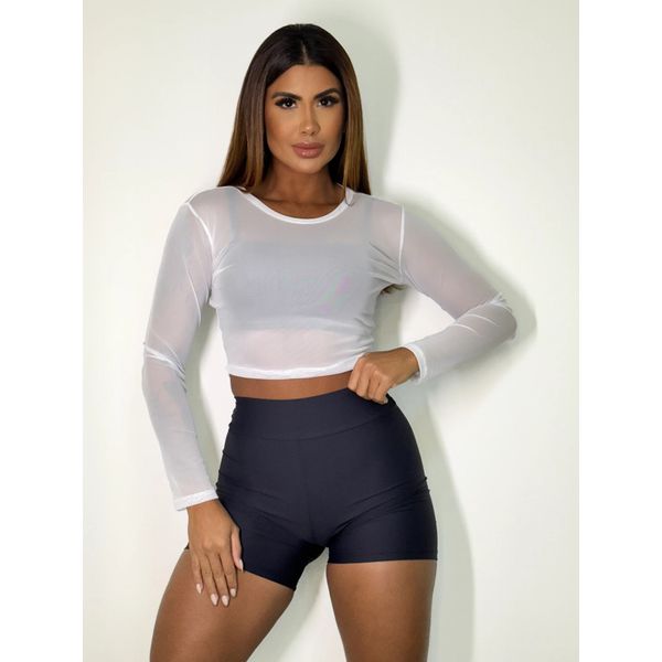 Blusa Tule Manga Longa Branca