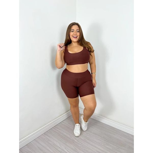 Conjunto Shorts Top Elástico Curvilíneas Marrom