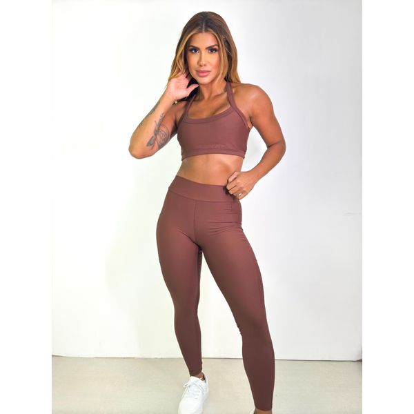 Conjunto Calça Bolso Top Faixas Marrom