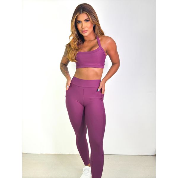 Conjunto Calça Bolso Top Faixas Uva