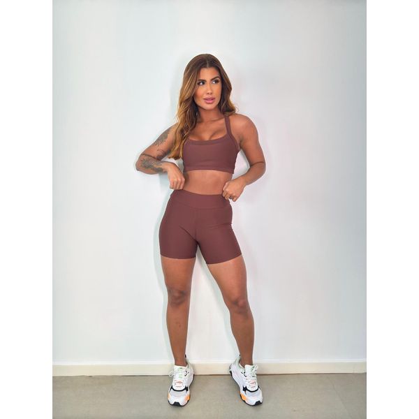 Conjunto Shorts Curto Top Faixas Marrom