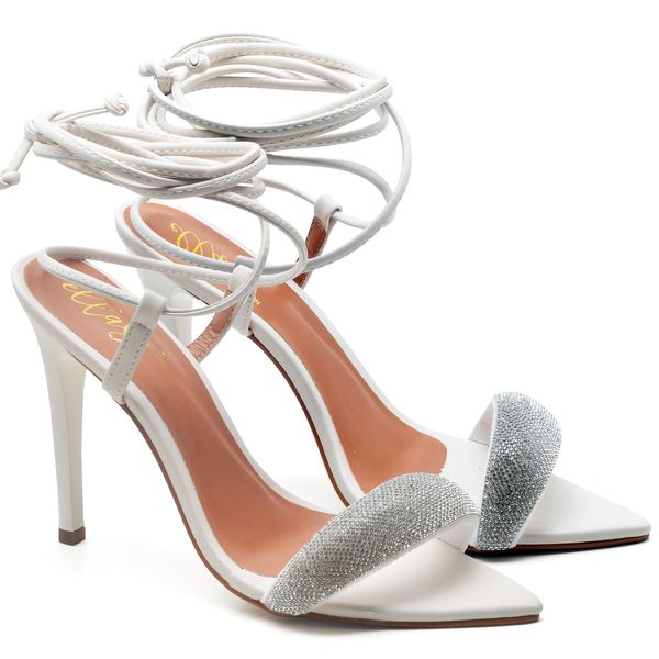7961 Sandália Salto Alto Bico Folha Napa Off White/Manta Strass