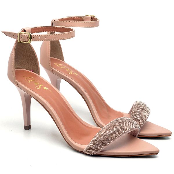 8960 Sandália Salto Medio Bico Folha Napa Rosado/Manta Strass