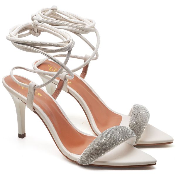 8961 Sandália Salto Médio Bico Folha Napa Off White/Manta Strass