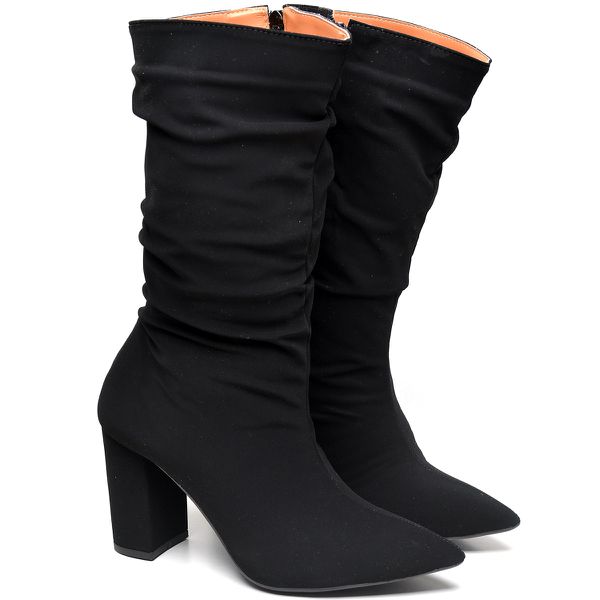 9506 Bota Cano Médio Enrrugado Salto Médio Nobuck Preto