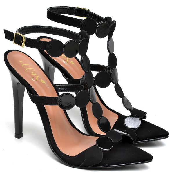 7963 Sandália Salto Salto Bico Folha Nobuck/Verniz Preto
