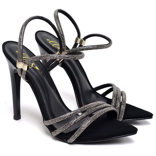 7964 Sandália Salto Alto Bico Folha Nobuck Preto/Tira Strass