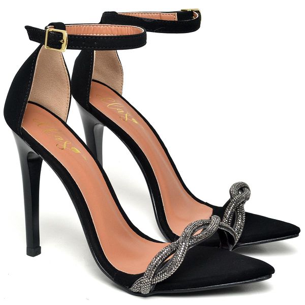 7966 Sandália Salto Alto Bico Folha Nobuck Preto/Tira Strass