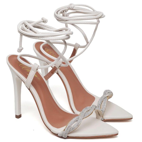 7967 Sandália Salto Alto Bico Folha Napa Off White/Tira Strass