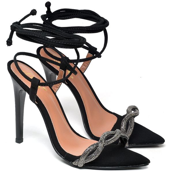 7967 Sandália Salto Alto Bico Folha Nobuck Preto/Tira Strass
