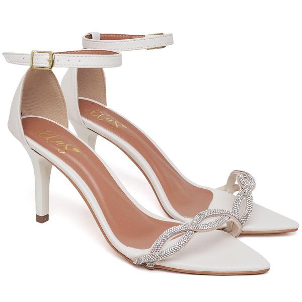 8966 Sandália Salto Médio Bico Folha Napa Off White/Tira Strass