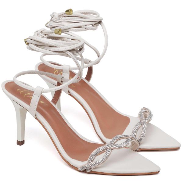 8967 Sandália Salto Médio Bico Folha Napa Off White/Tira Strass