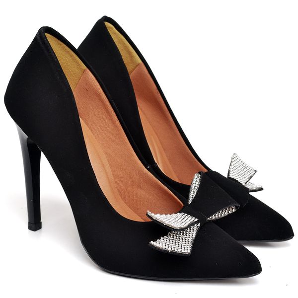 7108 Scarpin Salto Alto Nobuck Preto com Laço Strass