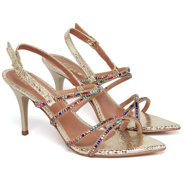 8980 Sandália Salto Médio Bico Folha Cristal Prata/Tira Strass