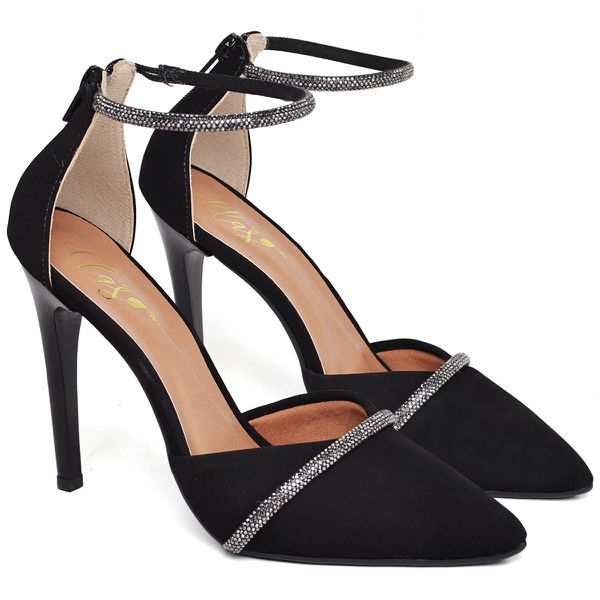 7978 Scarpin Salto Alto Bico Folha Nobuck Preto/Tira Strass