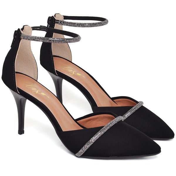 8978 Scarpin Salto Médio Bico Folha Nobuck Preto/Tira Strass