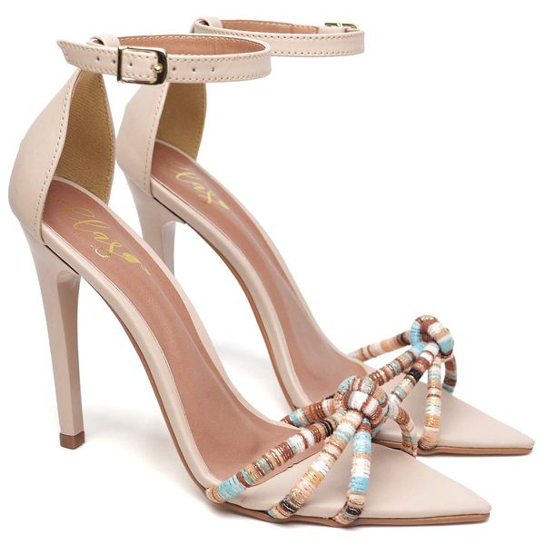 7912 Sandália Salto Alto Bico Folha Napa Bege/Tira Color