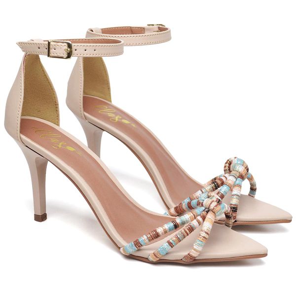 8912 Sandália Salto Médio Bico Folha Napa Bege/Tira Color