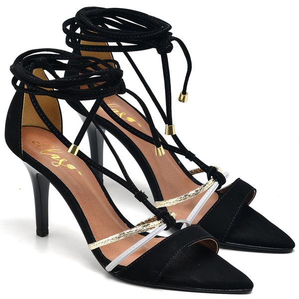 8926 Sandália Salto Médio Bico Folha Nobuck Preto/Branco/Ouro Light